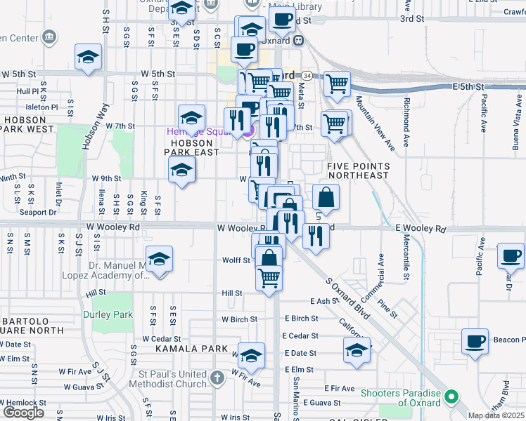 map of restaurants, bars, coffee shops, grocery stores, and more near 1041 South Oxnard Boulevard in Oxnard