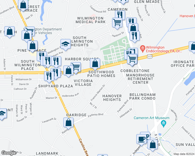 map of restaurants, bars, coffee shops, grocery stores, and more near 1196 Shipyard Boulevard in Wilmington