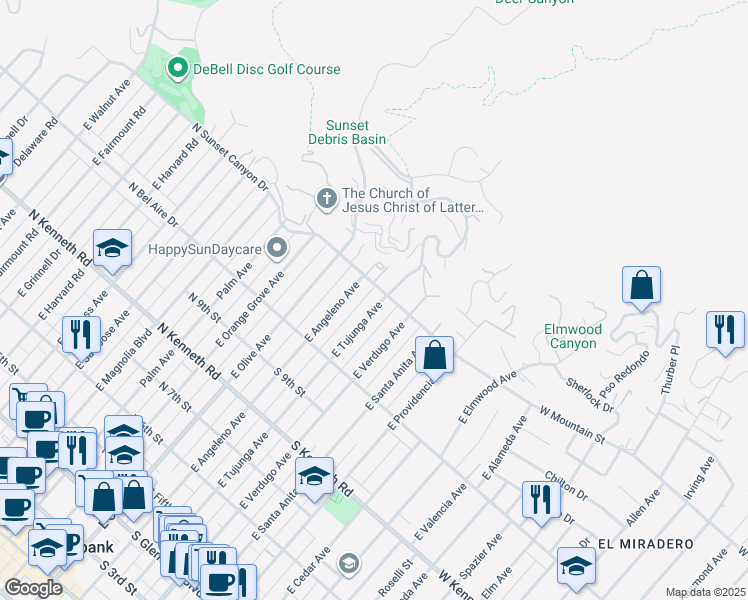 map of restaurants, bars, coffee shops, grocery stores, and more near 1075 East Tujunga Avenue in Burbank