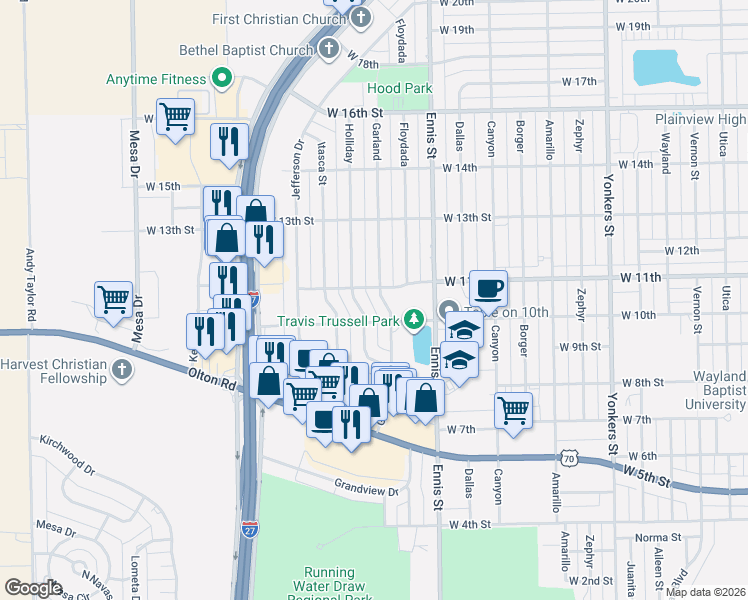 map of restaurants, bars, coffee shops, grocery stores, and more near 1008 Holliday in Plainview