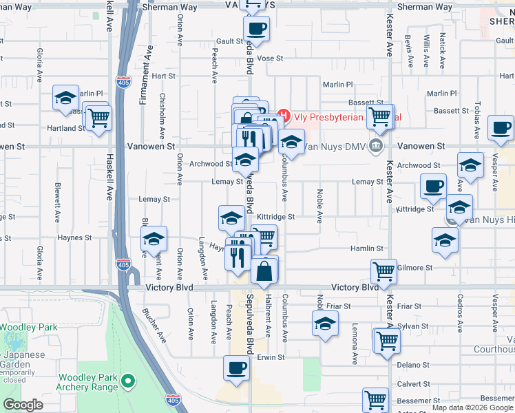 map of restaurants, bars, coffee shops, grocery stores, and more near 6628 Sepulveda Blvd in Van Nuys