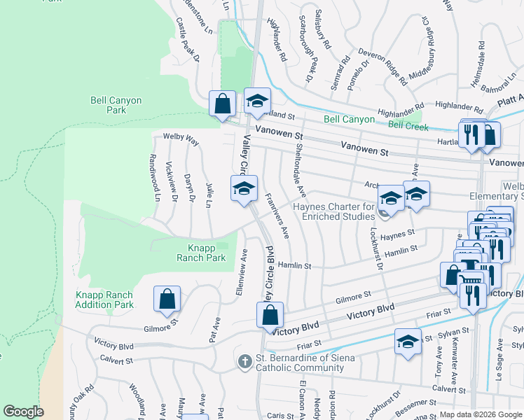 map of restaurants, bars, coffee shops, grocery stores, and more near 6610 Valley Circle Boulevard in Los Angeles