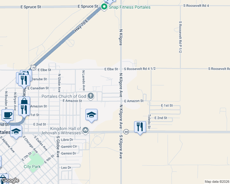 map of restaurants, bars, coffee shops, grocery stores, and more near 1629 East Brazos Street in Portales