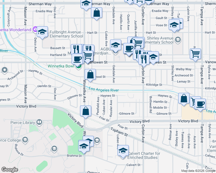 map of restaurants, bars, coffee shops, grocery stores, and more near 19922 Kittridge Street in Los Angeles
