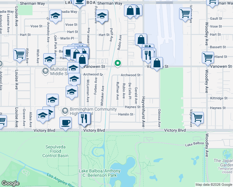 map of restaurants, bars, coffee shops, grocery stores, and more near 6617 Rubio Avenue in Los Angeles