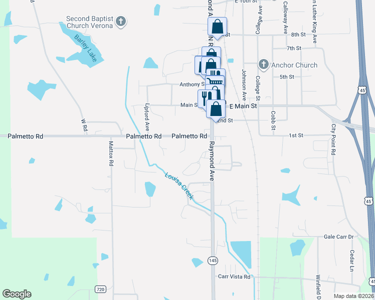 map of restaurants, bars, coffee shops, grocery stores, and more near 157-161 Palmetto Road in Tupelo