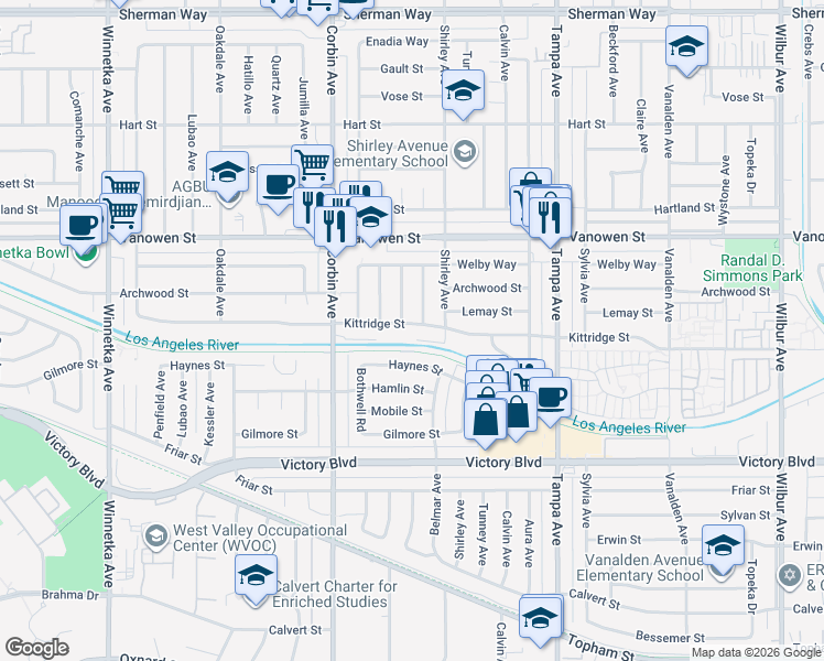 map of restaurants, bars, coffee shops, grocery stores, and more near 19536 Kittridge Street in Los Angeles