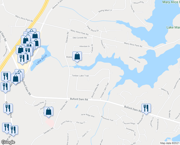 map of restaurants, bars, coffee shops, grocery stores, and more near 915 Timber Lake Trail in Cumming