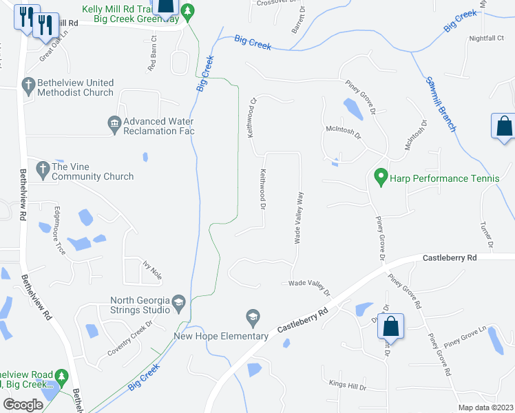 map of restaurants, bars, coffee shops, grocery stores, and more near 5360 Keithwood Drive in Cumming