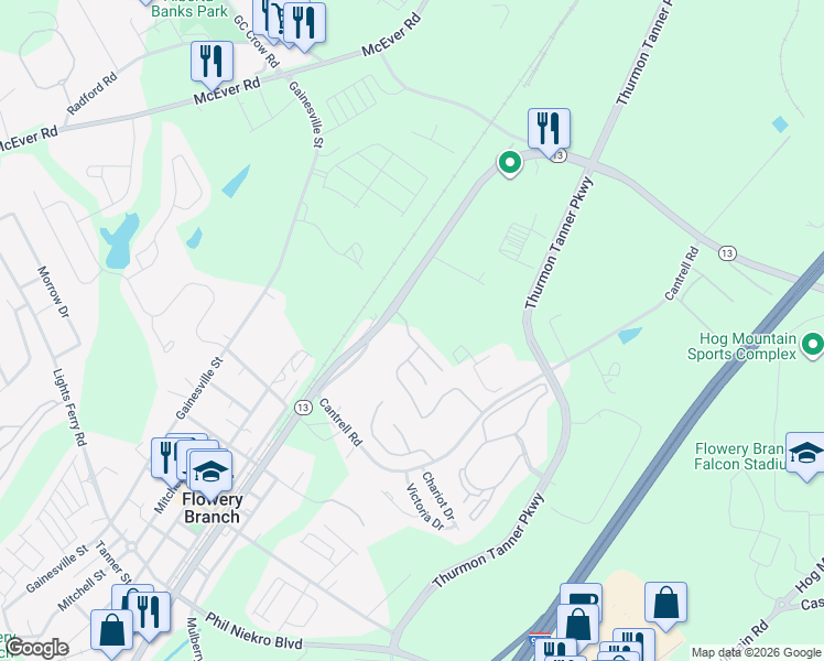 map of restaurants, bars, coffee shops, grocery stores, and more near 4968 Vireo Drive in Flowery Branch