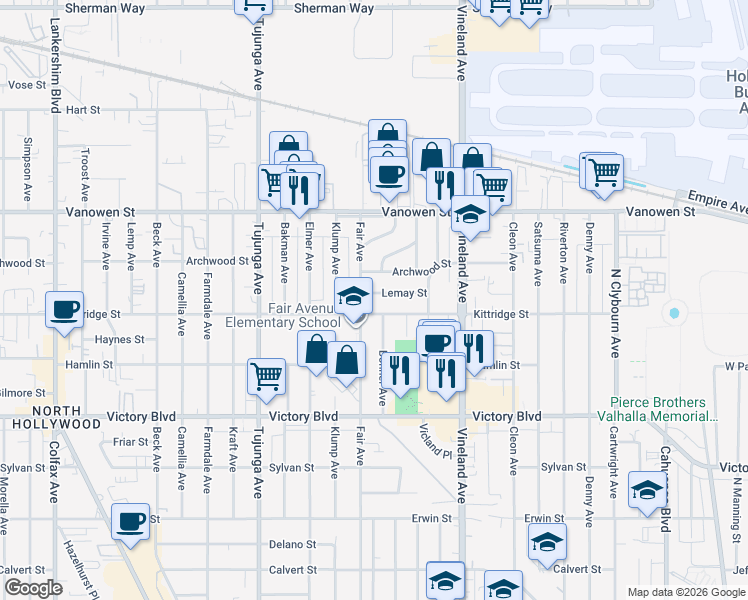 map of restaurants, bars, coffee shops, grocery stores, and more near 11142 Lemay Street in Los Angeles