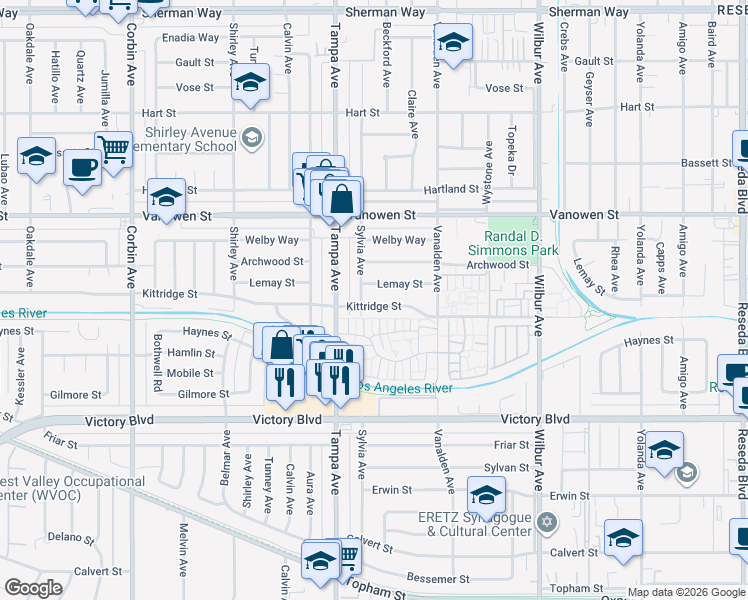 map of restaurants, bars, coffee shops, grocery stores, and more near 6621 Sylvia Avenue in Los Angeles