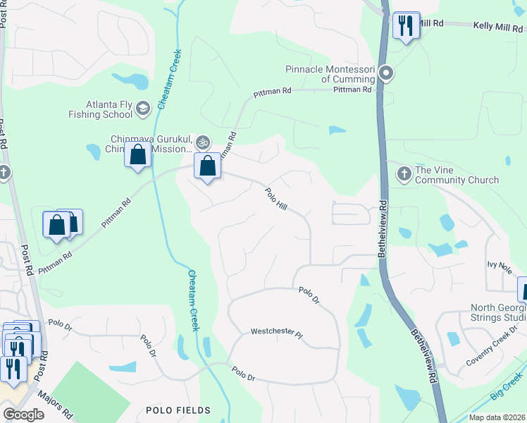 map of restaurants, bars, coffee shops, grocery stores, and more near 7165 Polo Hill in Cumming
