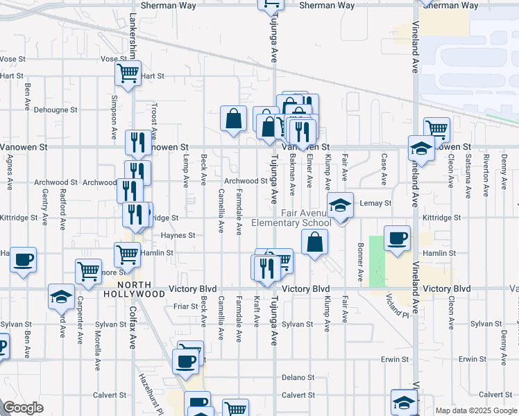 map of restaurants, bars, coffee shops, grocery stores, and more near 6614 Kraft Avenue in Los Angeles