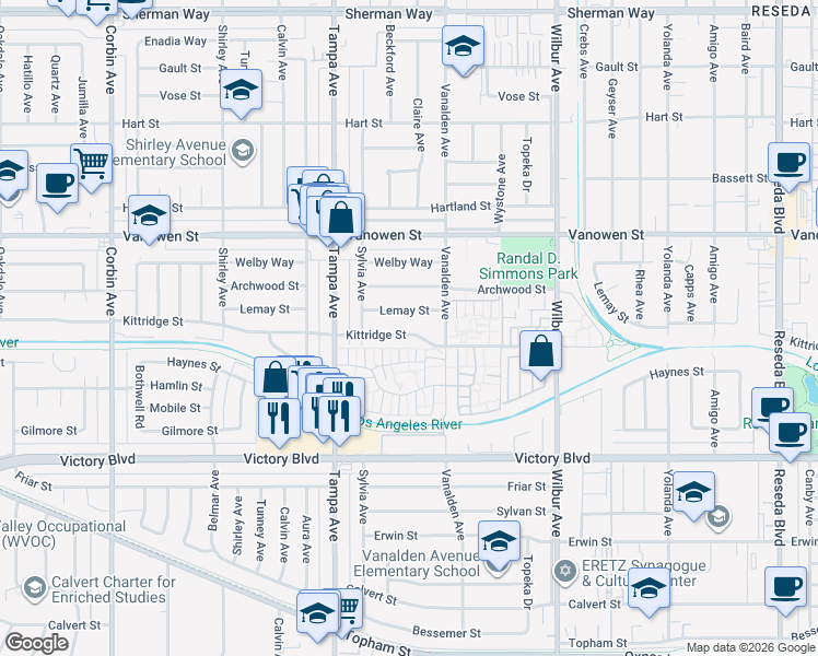 map of restaurants, bars, coffee shops, grocery stores, and more near 19145 Kittridge Street in Los Angeles