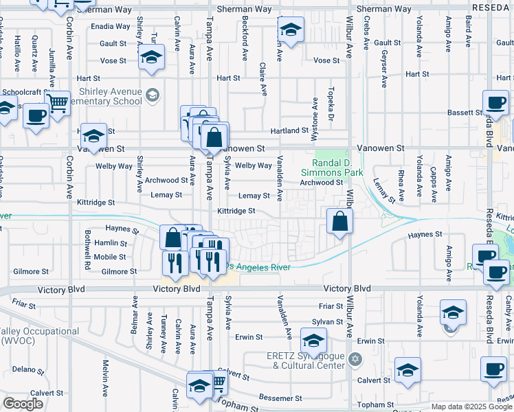 map of restaurants, bars, coffee shops, grocery stores, and more near 19145 Kittridge Street in Los Angeles