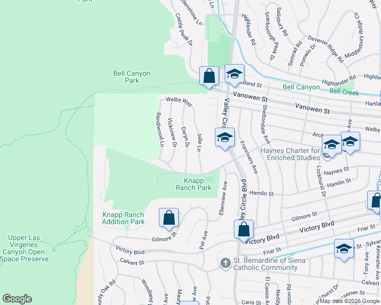 map of restaurants, bars, coffee shops, grocery stores, and more near 6652 Daryn Drive in Los Angeles County