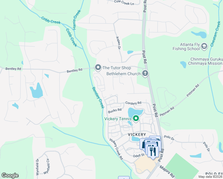 map of restaurants, bars, coffee shops, grocery stores, and more near 5679 Bentley Road in Cumming