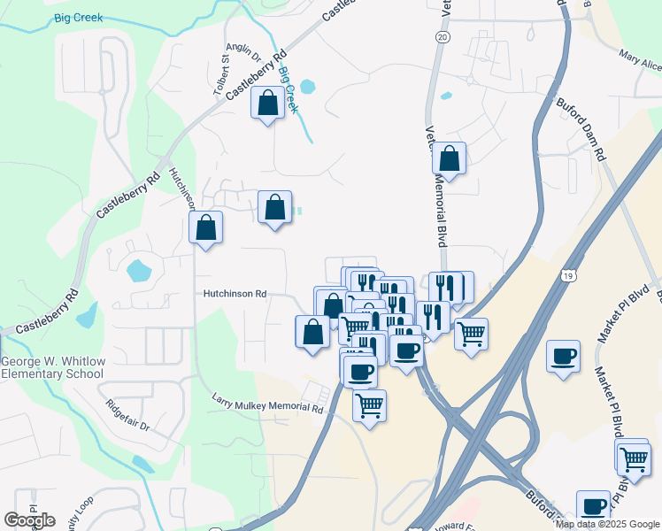 map of restaurants, bars, coffee shops, grocery stores, and more near 301 Azalea Circle in Cumming