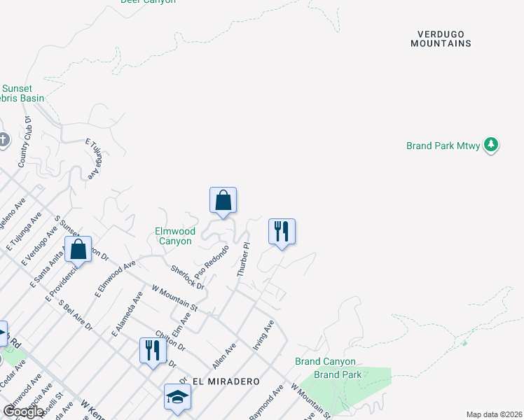 map of restaurants, bars, coffee shops, grocery stores, and more near 1801 Thurber Place in Burbank