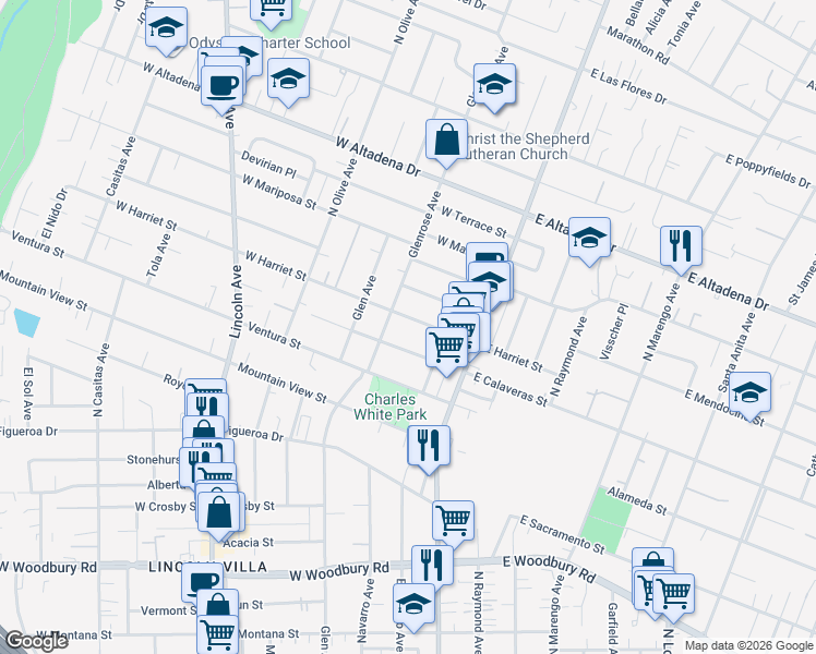 map of restaurants, bars, coffee shops, grocery stores, and more near 122 West Harriet Street in Altadena