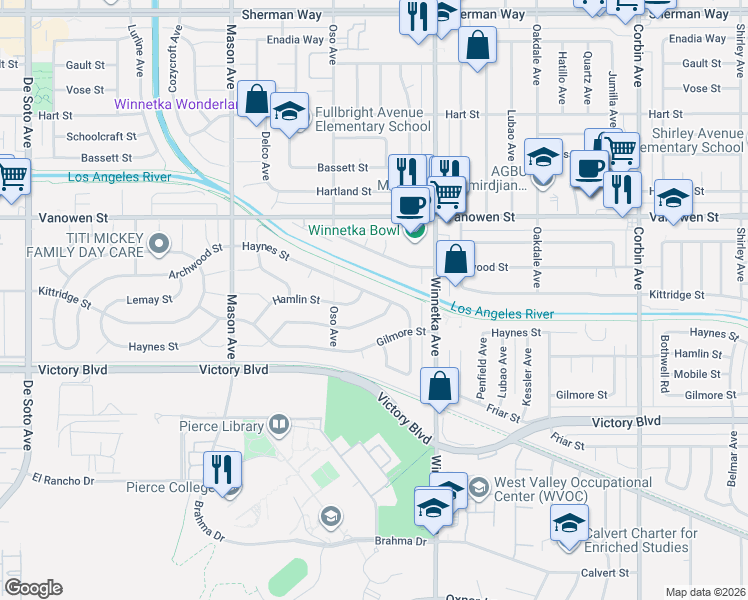 map of restaurants, bars, coffee shops, grocery stores, and more near 20216 Haynes Street in Los Angeles