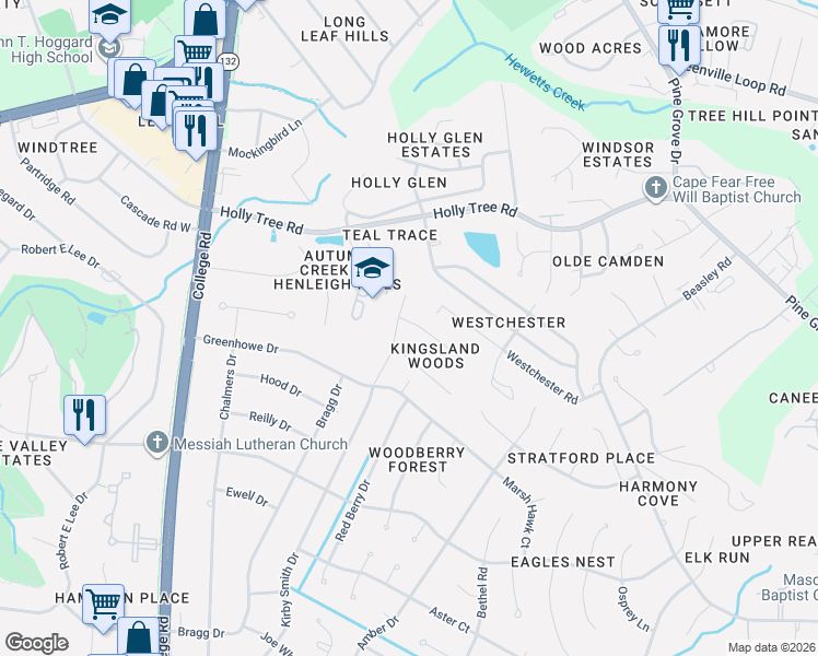 map of restaurants, bars, coffee shops, grocery stores, and more near 3100-3104 Braemar Ln in Wilmington