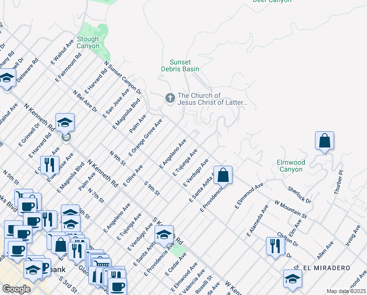 map of restaurants, bars, coffee shops, grocery stores, and more near 1060 East Angeleno Avenue in Burbank