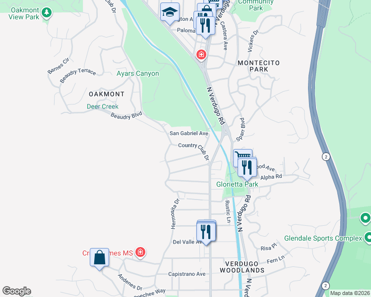 map of restaurants, bars, coffee shops, grocery stores, and more near 1626 Country Club Drive in Glendale