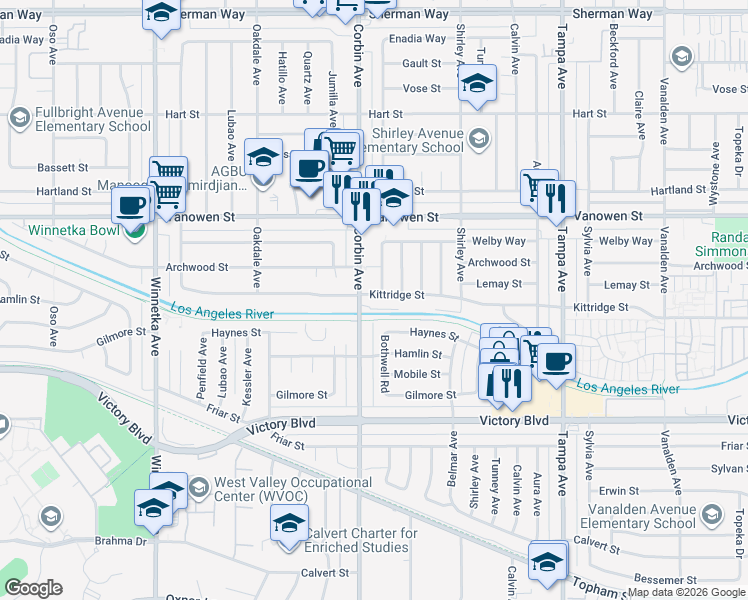 map of restaurants, bars, coffee shops, grocery stores, and more near 19648 Kittridge Street in Los Angeles