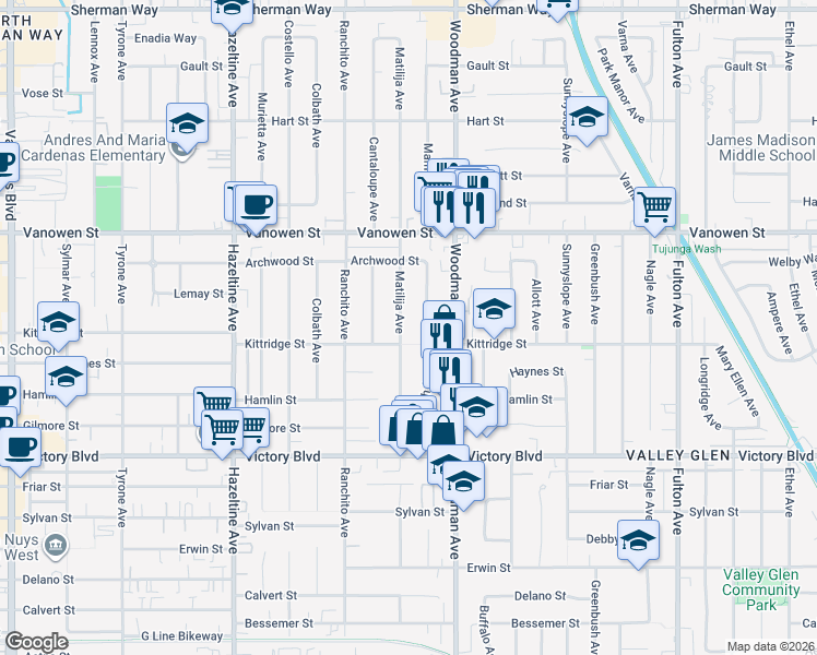 map of restaurants, bars, coffee shops, grocery stores, and more near 6623 Mammoth Avenue in Los Angeles