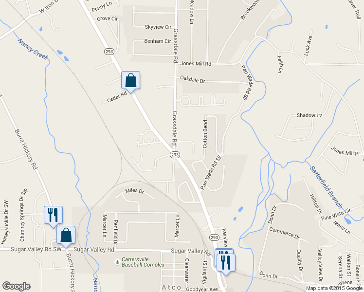 map of restaurants, bars, coffee shops, grocery stores, and more near 5 Briarwood Lane in Cartersville