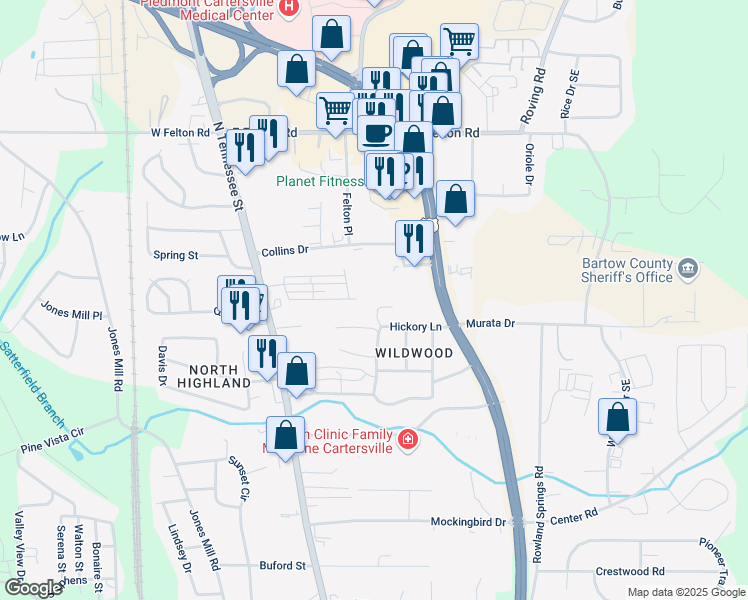 map of restaurants, bars, coffee shops, grocery stores, and more near 10 Piedmont Lane in Cartersville