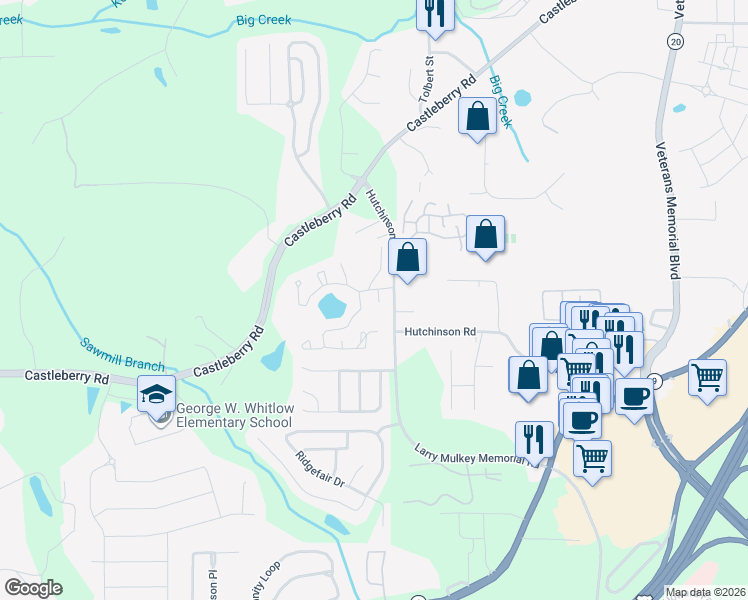 map of restaurants, bars, coffee shops, grocery stores, and more near 3420 Pinehurst Road in Cumming