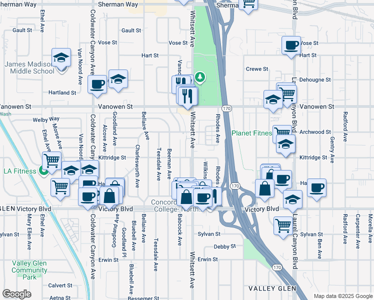 map of restaurants, bars, coffee shops, grocery stores, and more near 6623 1/2 Whitsett Avenue in Los Angeles
