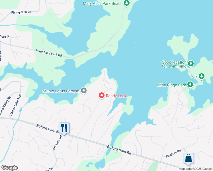 map of restaurants, bars, coffee shops, grocery stores, and more near 2300 Habersham Marina Road in Cumming