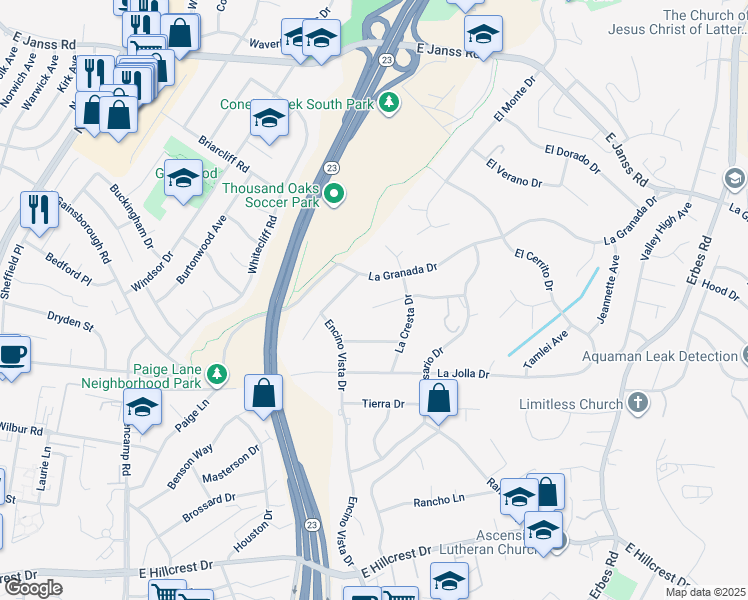 map of restaurants, bars, coffee shops, grocery stores, and more near 1239 La Peresa Drive in Thousand Oaks