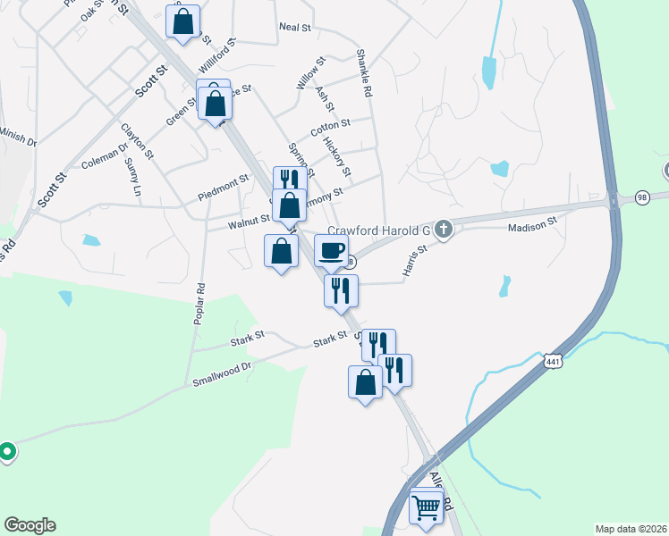 map of restaurants, bars, coffee shops, grocery stores, and more near 26 Ila Road in Commerce