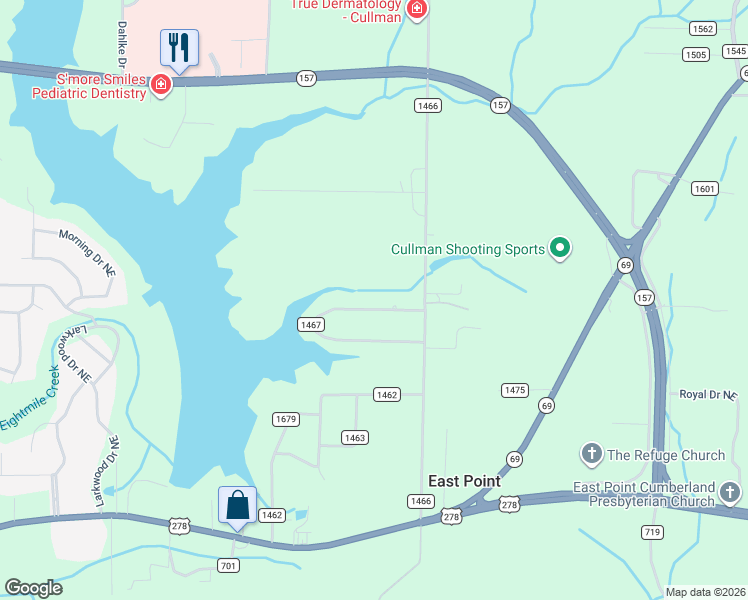 map of restaurants, bars, coffee shops, grocery stores, and more near 451 County Road 1467 in Cullman