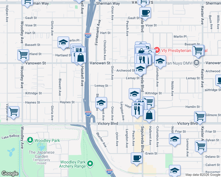 map of restaurants, bars, coffee shops, grocery stores, and more near 6615 Orion Avenue in Los Angeles