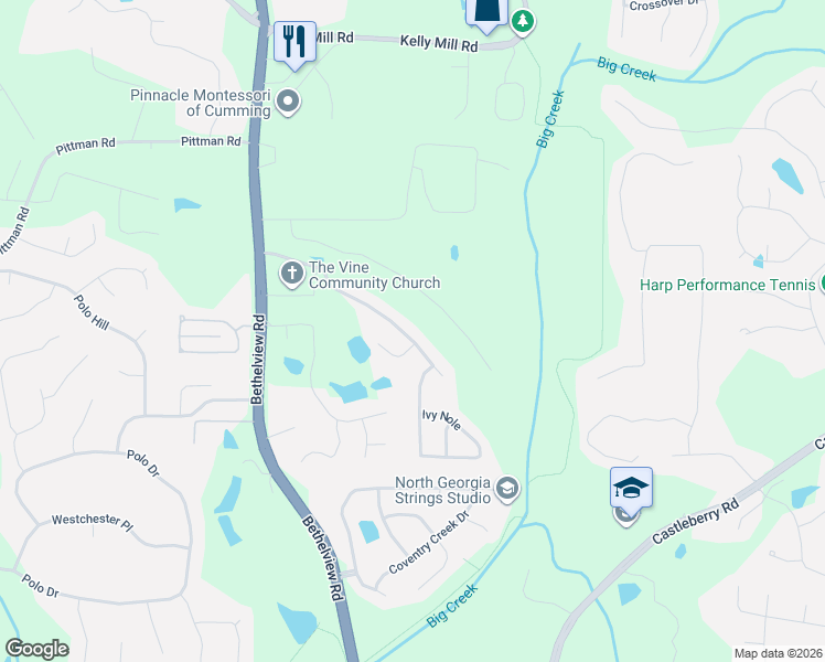 map of restaurants, bars, coffee shops, grocery stores, and more near 4855 Silver Leaf Drive in Cumming