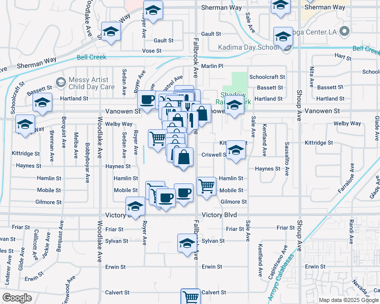 map of restaurants, bars, coffee shops, grocery stores, and more near 6625 Fallbrook Avenue in Los Angeles