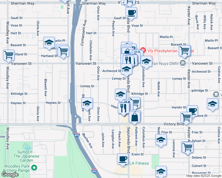 map of restaurants, bars, coffee shops, grocery stores, and more near 6616 Langdon Avenue in Los Angeles