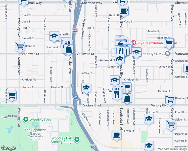 map of restaurants, bars, coffee shops, grocery stores, and more near 6615 Orion Avenue in Los Angeles