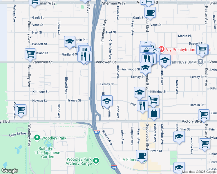 map of restaurants, bars, coffee shops, grocery stores, and more near 6618 Firmament Avenue in Los Angeles