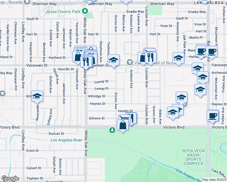 map of restaurants, bars, coffee shops, grocery stores, and more near 17522 Lemay Street in Los Angeles