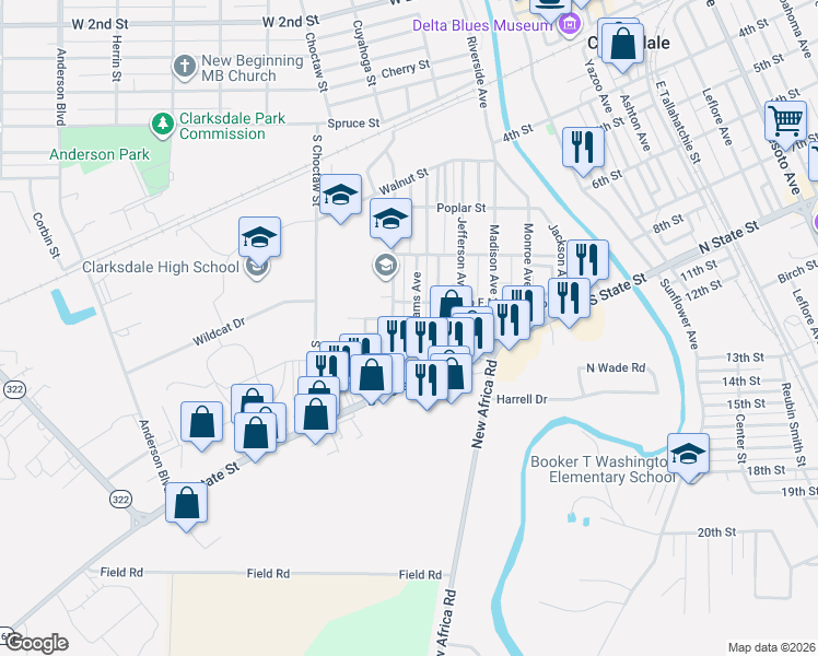 map of restaurants, bars, coffee shops, grocery stores, and more near 424 Adams Avenue in Clarksdale