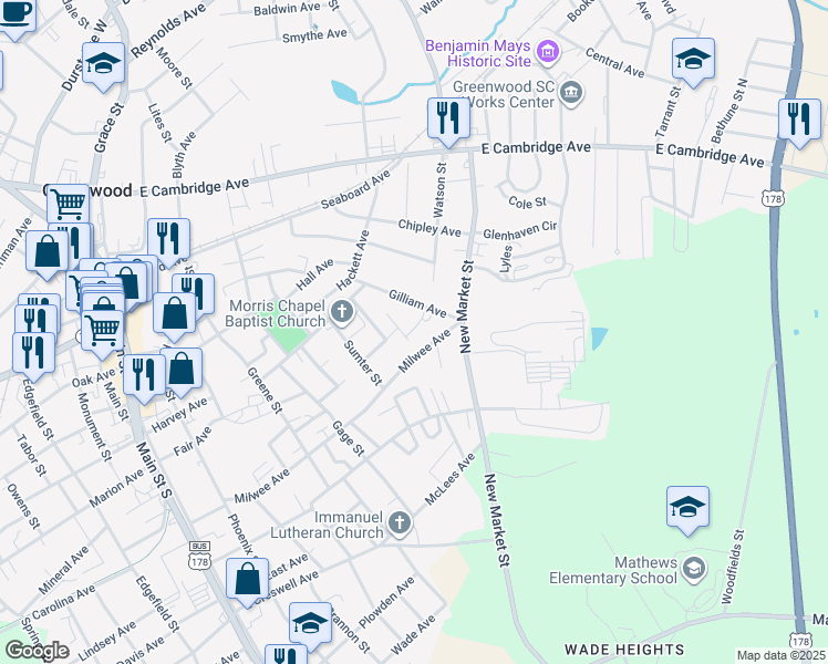 map of restaurants, bars, coffee shops, grocery stores, and more near 10 Gilliam Court in Greenwood