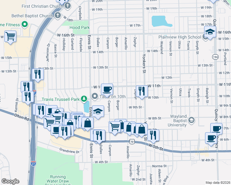 map of restaurants, bars, coffee shops, grocery stores, and more near 1008 Canyon St in Plainview