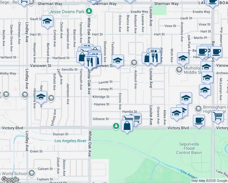 map of restaurants, bars, coffee shops, grocery stores, and more near 17522 Lemay Street in Los Angeles